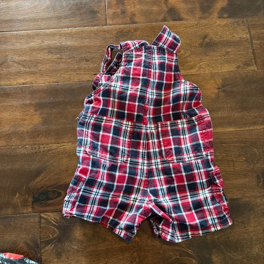 Gymboree Boys Red Navy Blue Plaid Cotton Shortalls Overalls 6-12 Months